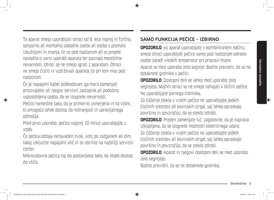 Samsung MG23K3575AS/OL, MG23K3575AS/EO manual Samo Funkcija Pečice Izbirno 