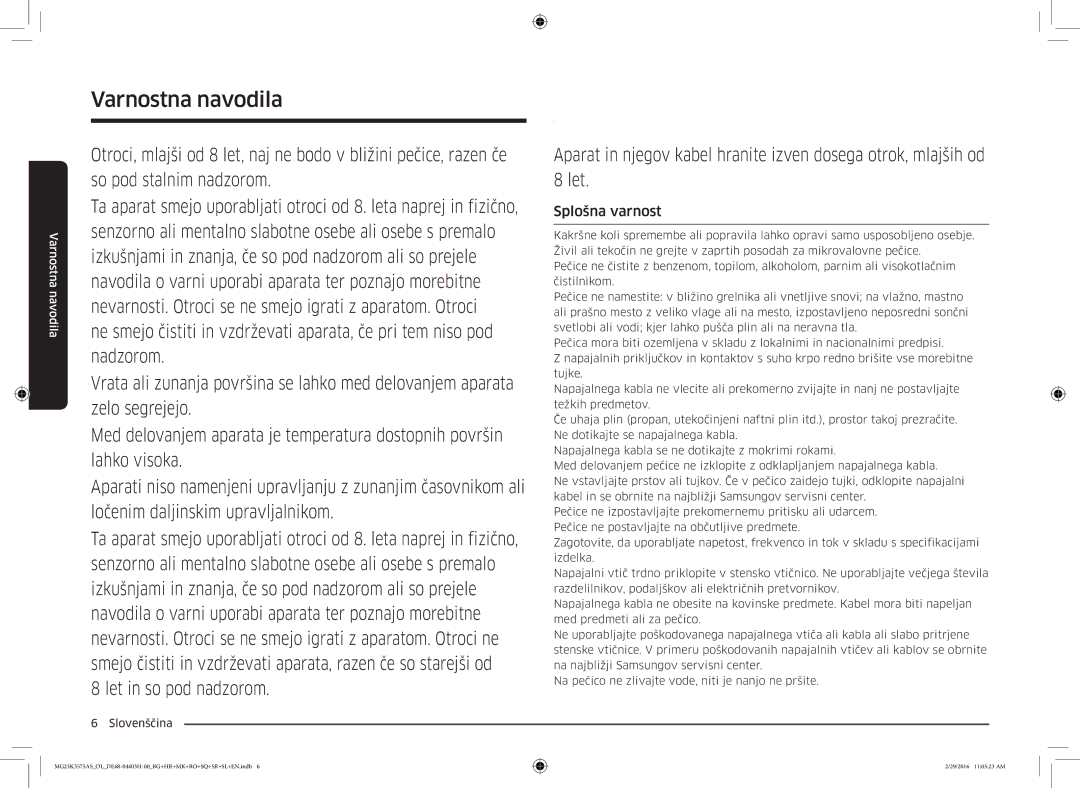 Samsung MG23K3575AS/EO, MG23K3575AS/OL manual Splošna varnost 