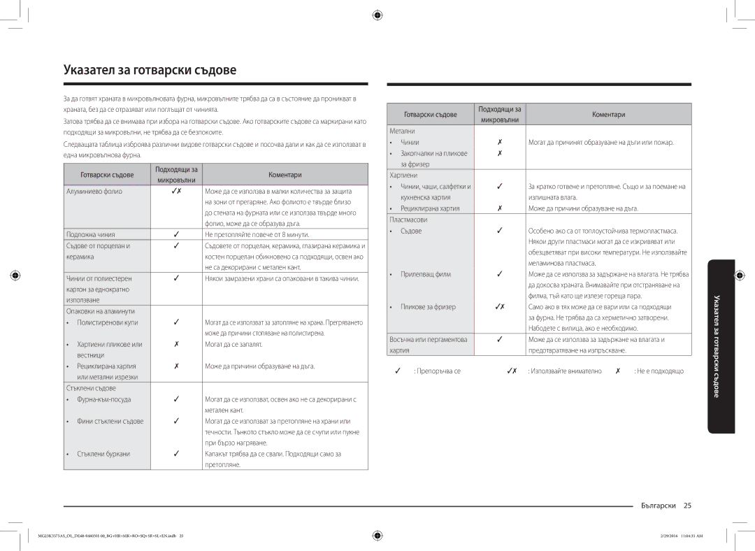 Samsung MG23K3575AS/OL, MG23K3575AS/EO manual Указател за готварски съдове 