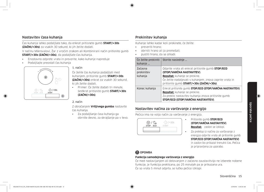 Samsung MG23K3575AS/OL manual Nastavitev časa kuhanja, Prekinitev kuhanja, Nastavitev načina za varčevanje z energijo 