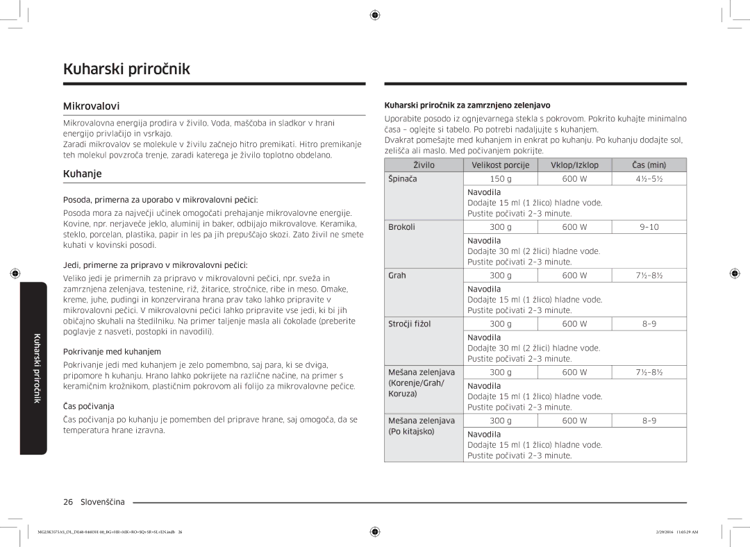 Samsung MG23K3575AS/EO, MG23K3575AS/OL manual Kuharski priročnik za zamrznjeno zelenjavo 