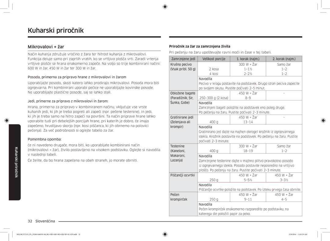 Samsung MG23K3575AS/EO, MG23K3575AS/OL manual Mikrovalovi + žar, Priročnik za žar za zamrznjena živila 