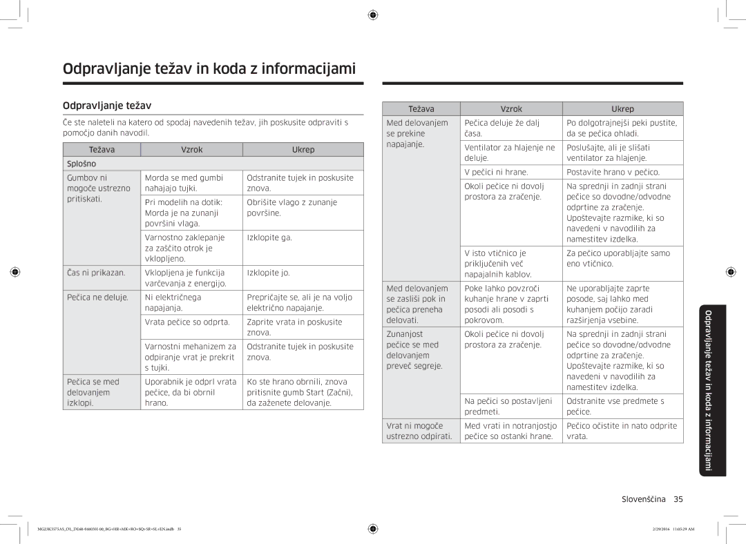 Samsung MG23K3575AS/OL, MG23K3575AS/EO manual Odpravljanje težav in koda z informacijami 