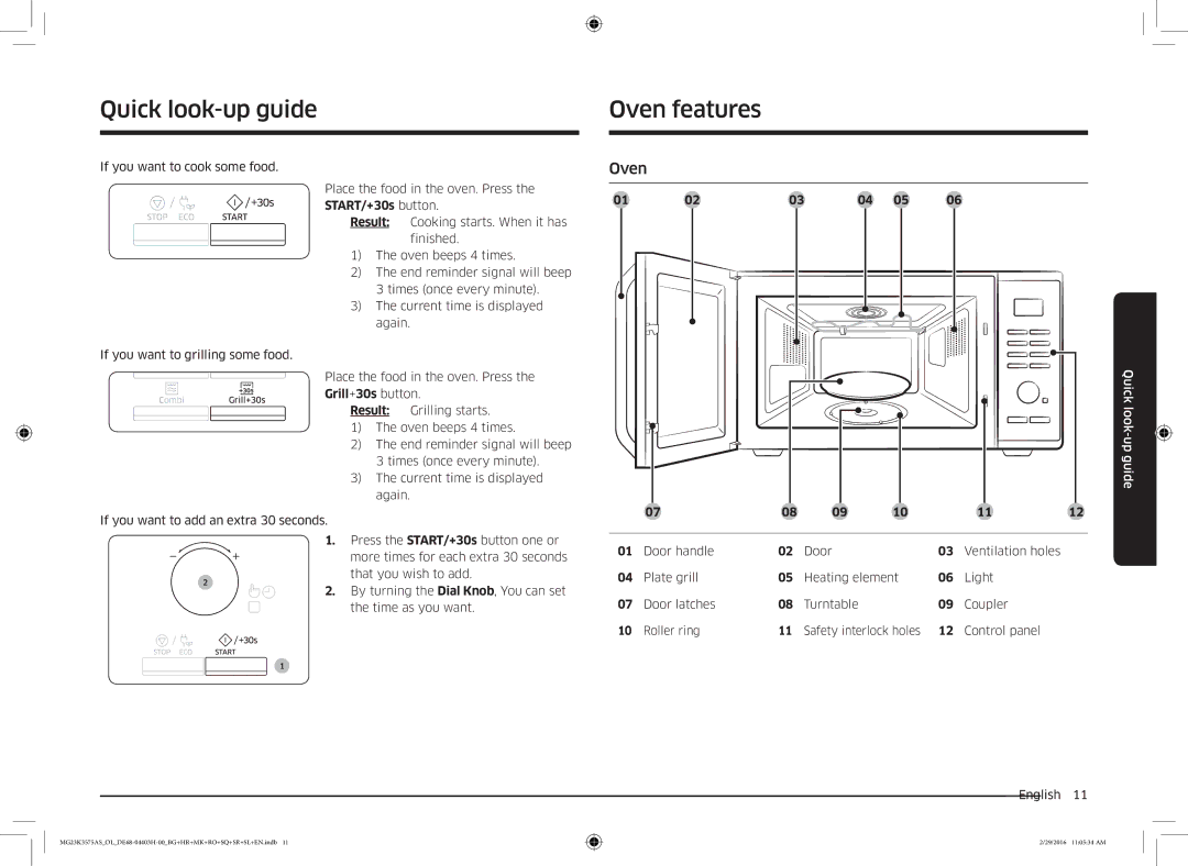 Samsung MG23K3575AS/OL, MG23K3575AS/EO manual Quick look-up guide, Oven features, Door handle Ventilation holes 