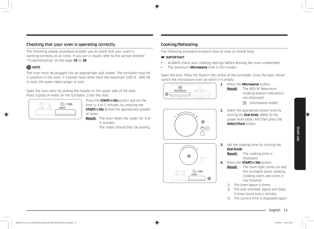 Samsung MG23K3575AS/OL manual Checking that your oven is operating correctly, Cooking/Reheating, Dial Knob Result 