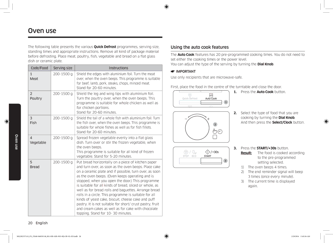 Samsung MG23K3575AS/EO, MG23K3575AS/OL manual Using the auto cook features, For beef, lamb, pork, steaks, chops, minced meat 