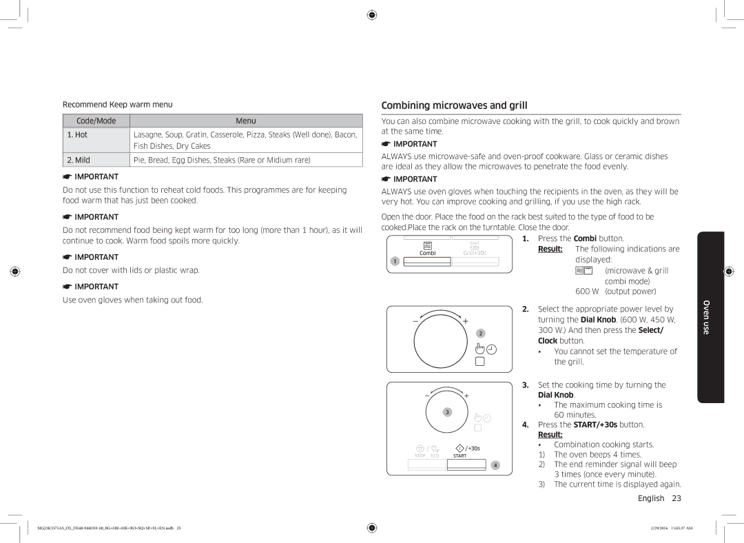 Samsung MG23K3575AS/OL, MG23K3575AS/EO manual Combining microwaves and grill 