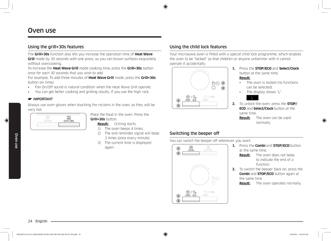 Samsung MG23K3575AS/EO manual Using the grill+30s features, Using the child lock features, Switching the beeper off 