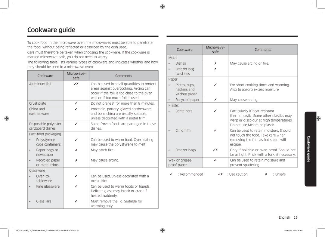 Samsung MG23K3575AS/OL, MG23K3575AS/EO manual Cookware guide 