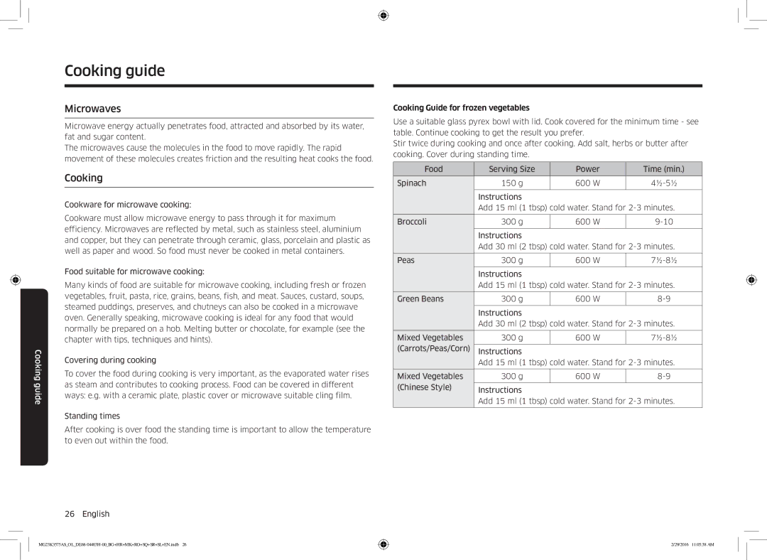 Samsung MG23K3575AS/EO, MG23K3575AS/OL manual Cooking guide, Microwaves, Cooking Guide for frozen vegetables 