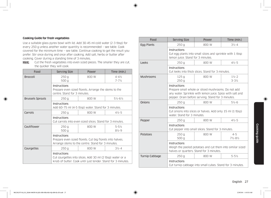 Samsung MG23K3575AS/OL, MG23K3575AS/EO manual Cooking Guide for fresh vegetables 