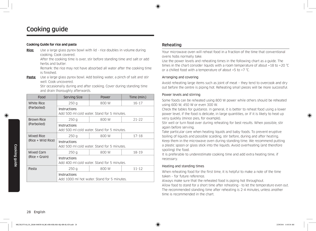 Samsung MG23K3575AS/EO, MG23K3575AS/OL manual Reheating, Cooking Guide for rice and pasta 