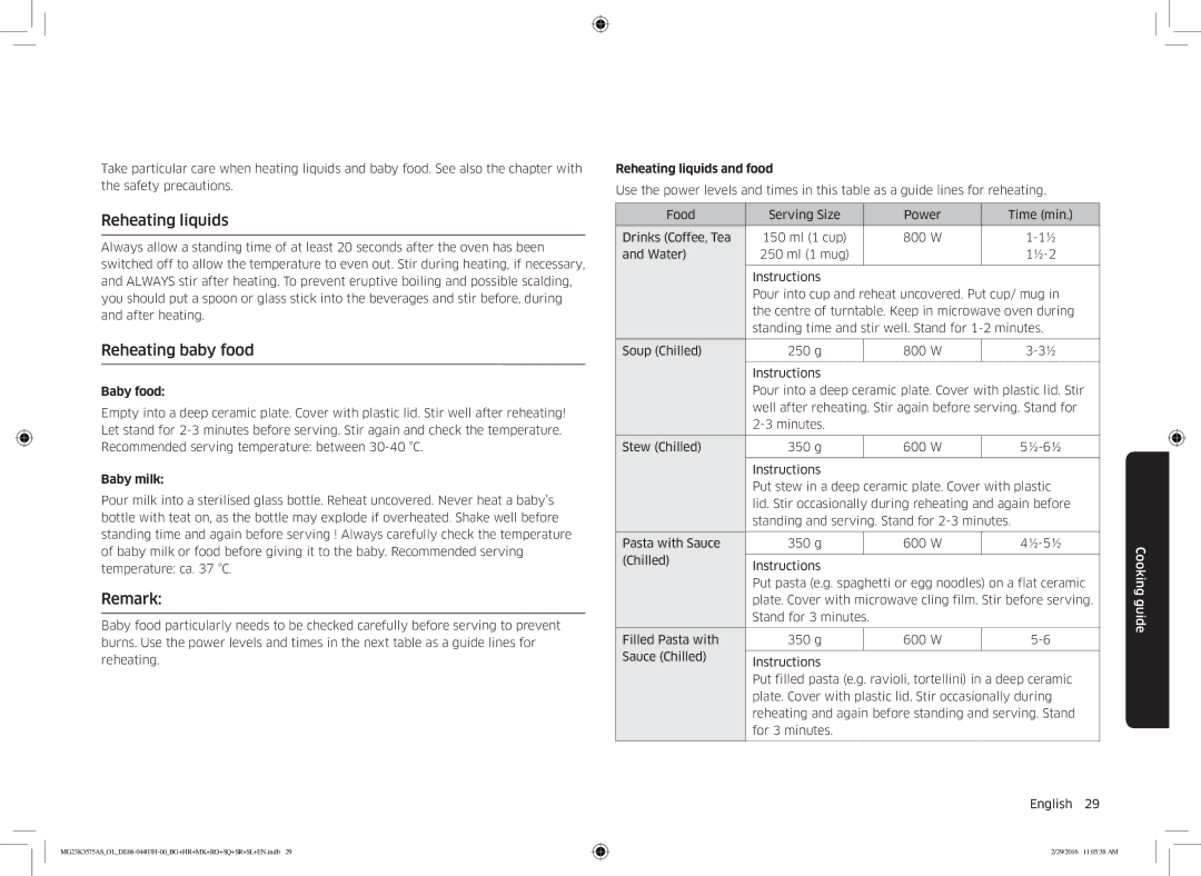 Samsung MG23K3575AS/OL, MG23K3575AS/EO manual Reheating liquids, Reheating baby food, Remark 