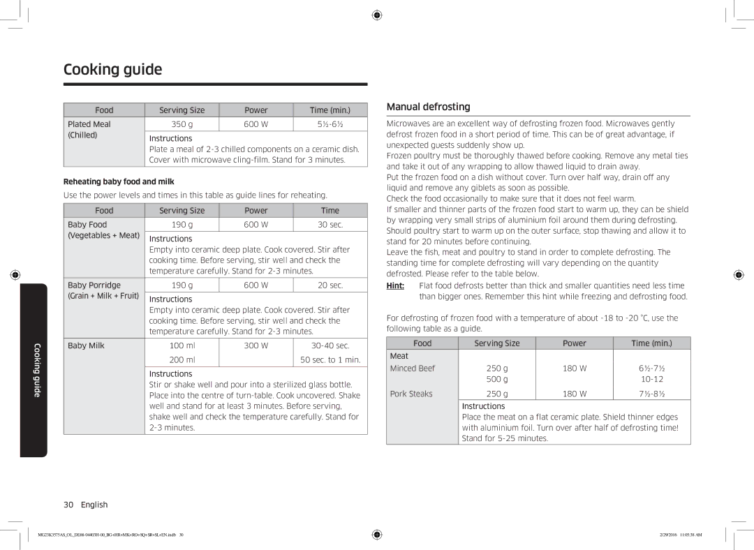 Samsung MG23K3575AS/EO, MG23K3575AS/OL manual Manual defrosting, Reheating baby food and milk 