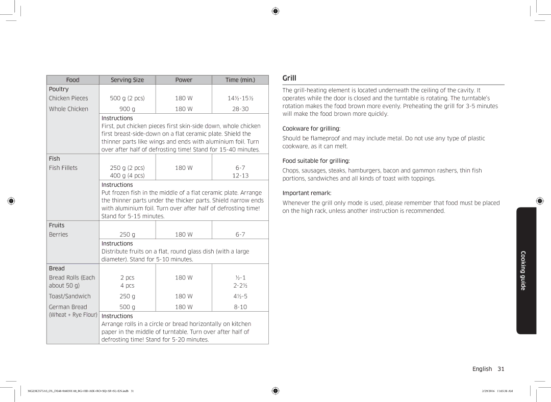 Samsung MG23K3575AS/OL, MG23K3575AS/EO manual Grill 