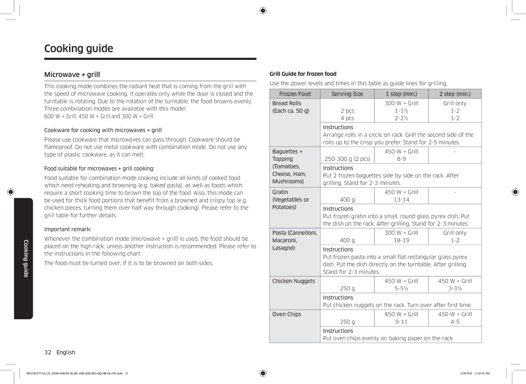 Samsung MG23K3575AS/EO, MG23K3575AS/OL manual Microwave + grill, Grill Guide for frozen food 