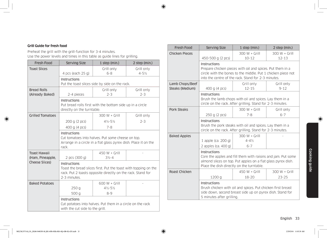 Samsung MG23K3575AS/OL, MG23K3575AS/EO manual Grill Guide for fresh food 