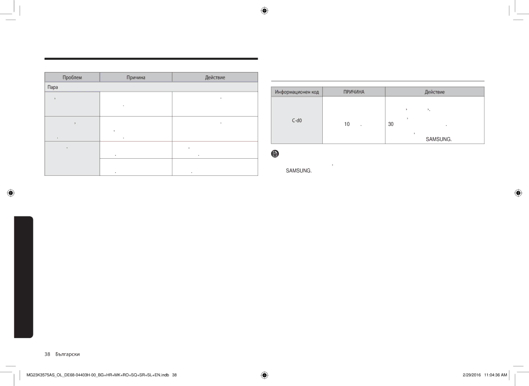 Samsung MG23K3575AS/EO, MG23K3575AS/OL manual Информационен код, Причина 