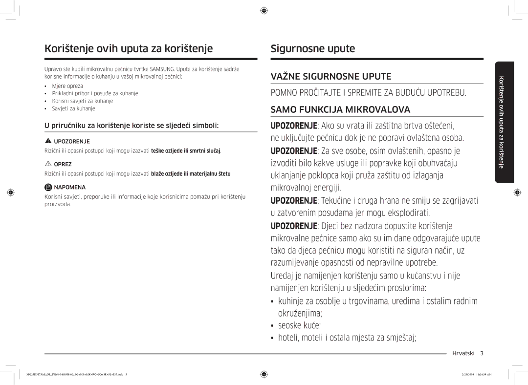 Samsung MG23K3575AS/OL, MG23K3575AS/EO manual Korištenje ovih uputa za korištenje, Sigurnosne upute 