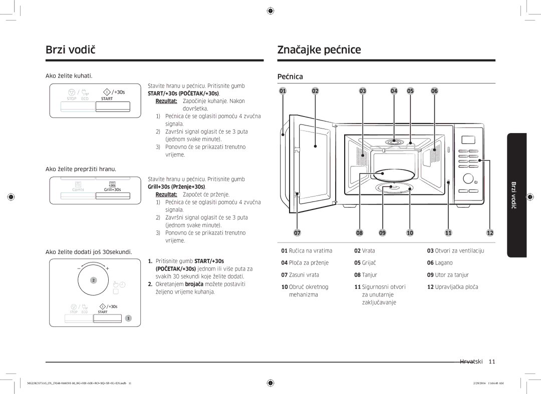 Samsung MG23K3575AS/OL, MG23K3575AS/EO manual Brzi vodič Značajke pećnice, Pećnica 