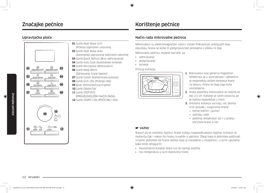 Samsung MG23K3575AS/EO, MG23K3575AS/OL manual Korištenje pećnice, Upravljačka ploča, Način rada mikrovalne pećnice 