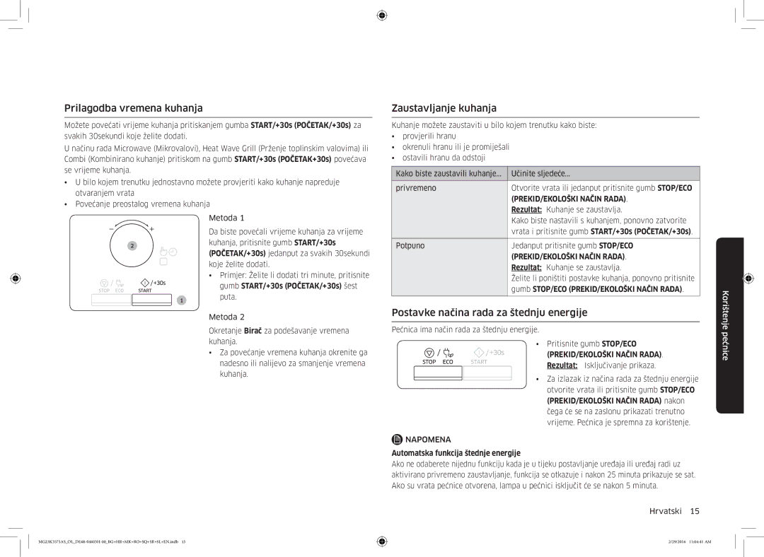 Samsung MG23K3575AS/OL manual Prilagodba vremena kuhanja, Zaustavljanje kuhanja, Postavke načina rada za štednju energije 