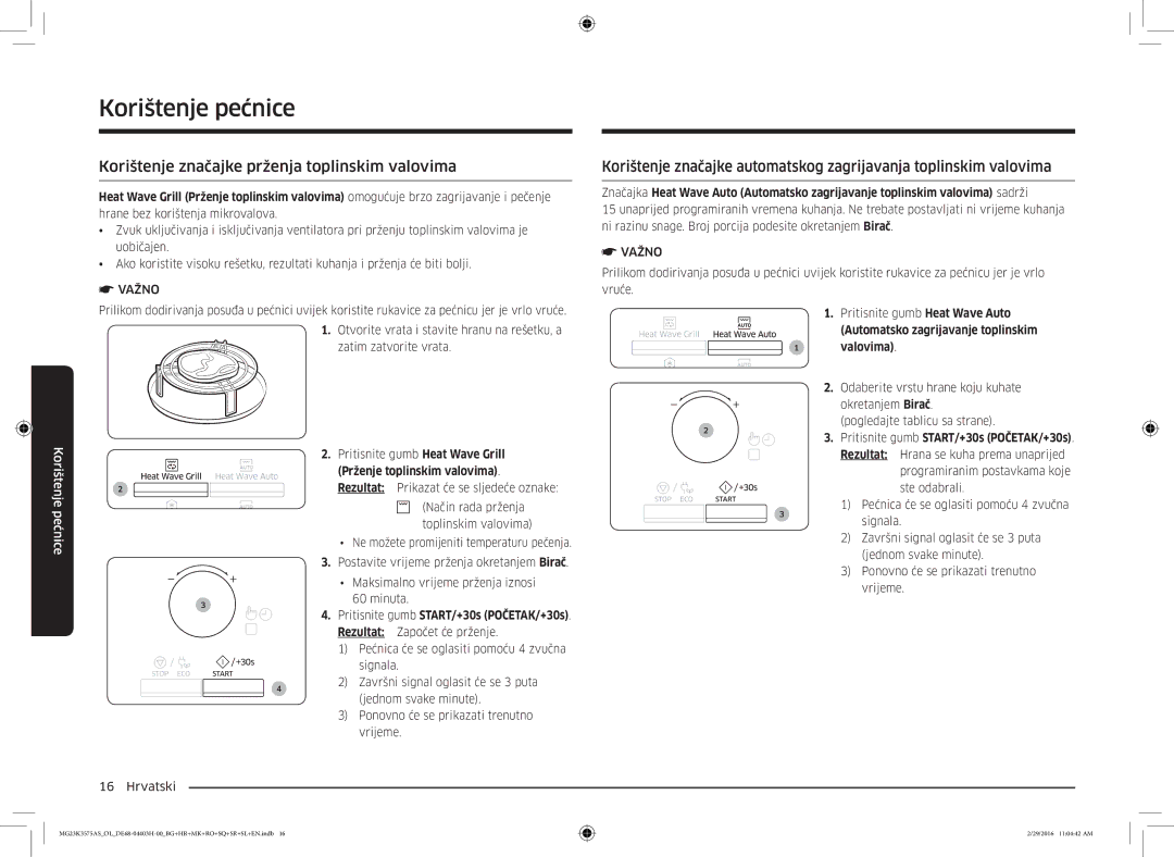 Samsung MG23K3575AS/EO manual Korištenje značajke prženja toplinskim valovima, Automatsko zagrijavanje toplinskim Valovima 