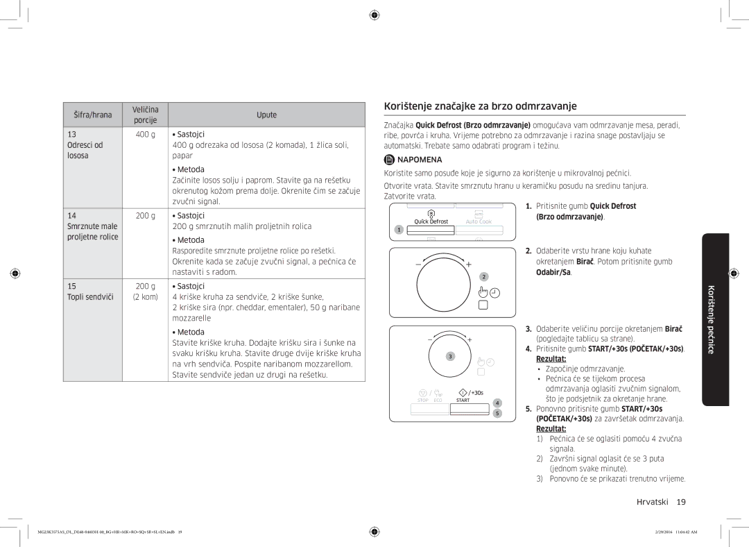 Samsung MG23K3575AS/OL manual Korištenje značajke za brzo odmrzavanje, Pritisnite gumb Quick Defrost Brzo odmrzavanje 