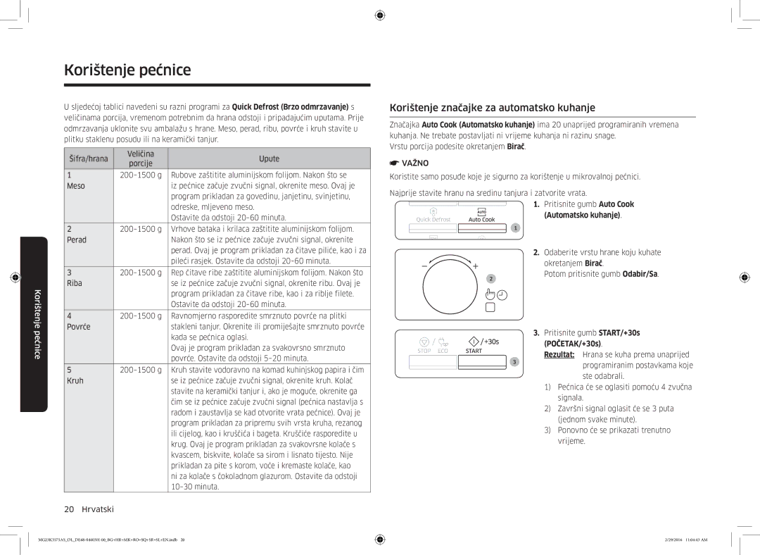 Samsung MG23K3575AS/EO, MG23K3575AS/OL manual Korištenje značajke za automatsko kuhanje, Automatsko kuhanje, POČETAK/+30s 