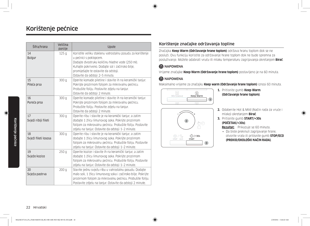 Samsung MG23K3575AS/EO Korištenje značajke održavanja topline, 125 g, Zdjelu na tanjur. Ostavite da odstoji 1-2 minute 