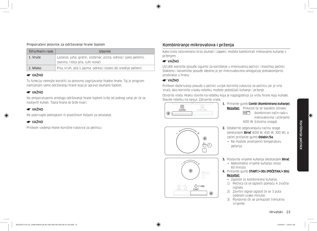 Samsung MG23K3575AS/OL, MG23K3575AS/EO manual Kombiniranje mikrovalova i prženja 