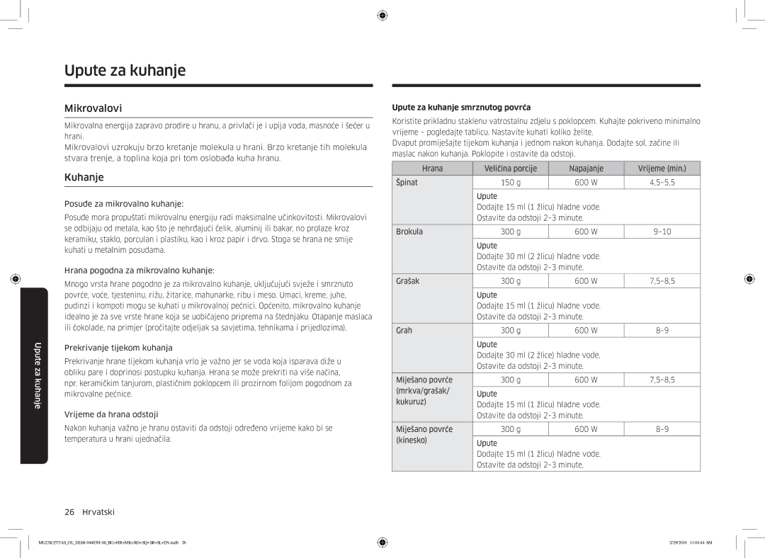 Samsung MG23K3575AS/EO, MG23K3575AS/OL manual Mikrovalovi, Kuhanje, Upute za kuhanje smrznutog povrća 