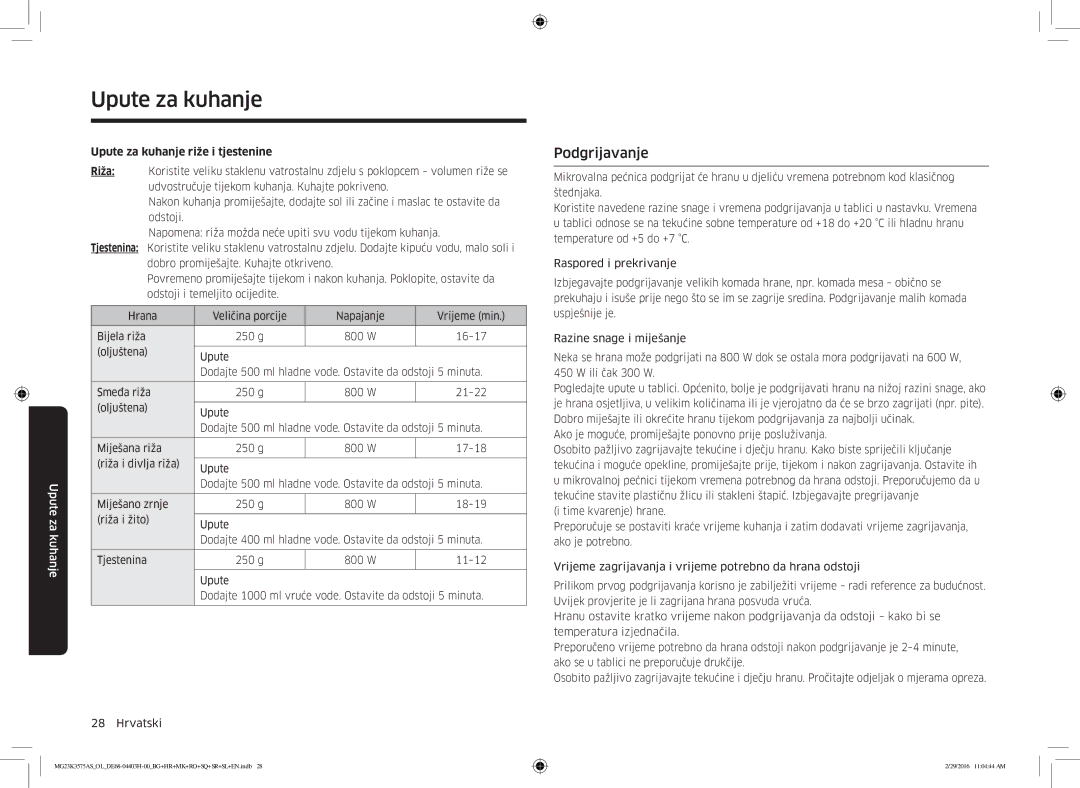 Samsung MG23K3575AS/EO, MG23K3575AS/OL manual Podgrijavanje, Upute za kuhanje riže i tjestenine 