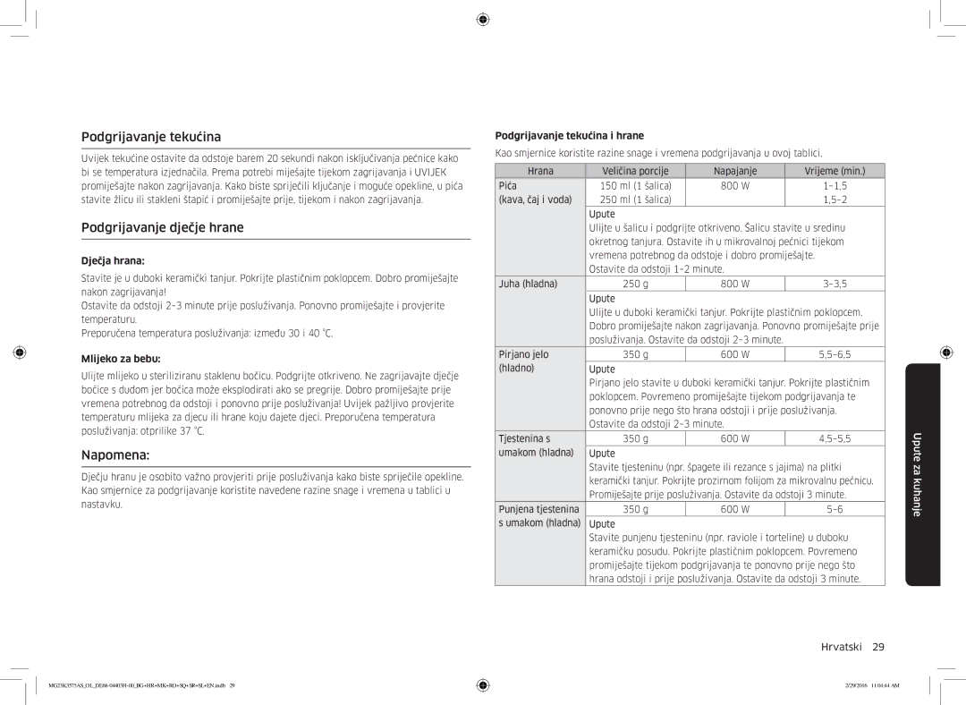 Samsung MG23K3575AS/OL, MG23K3575AS/EO manual Podgrijavanje tekućina, Podgrijavanje dječje hrane, Napomena 