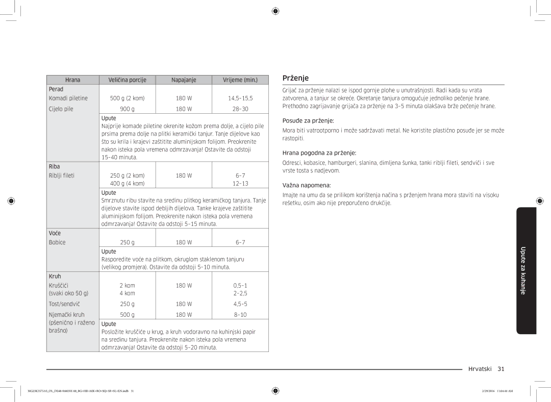 Samsung MG23K3575AS/OL, MG23K3575AS/EO manual Prženje 