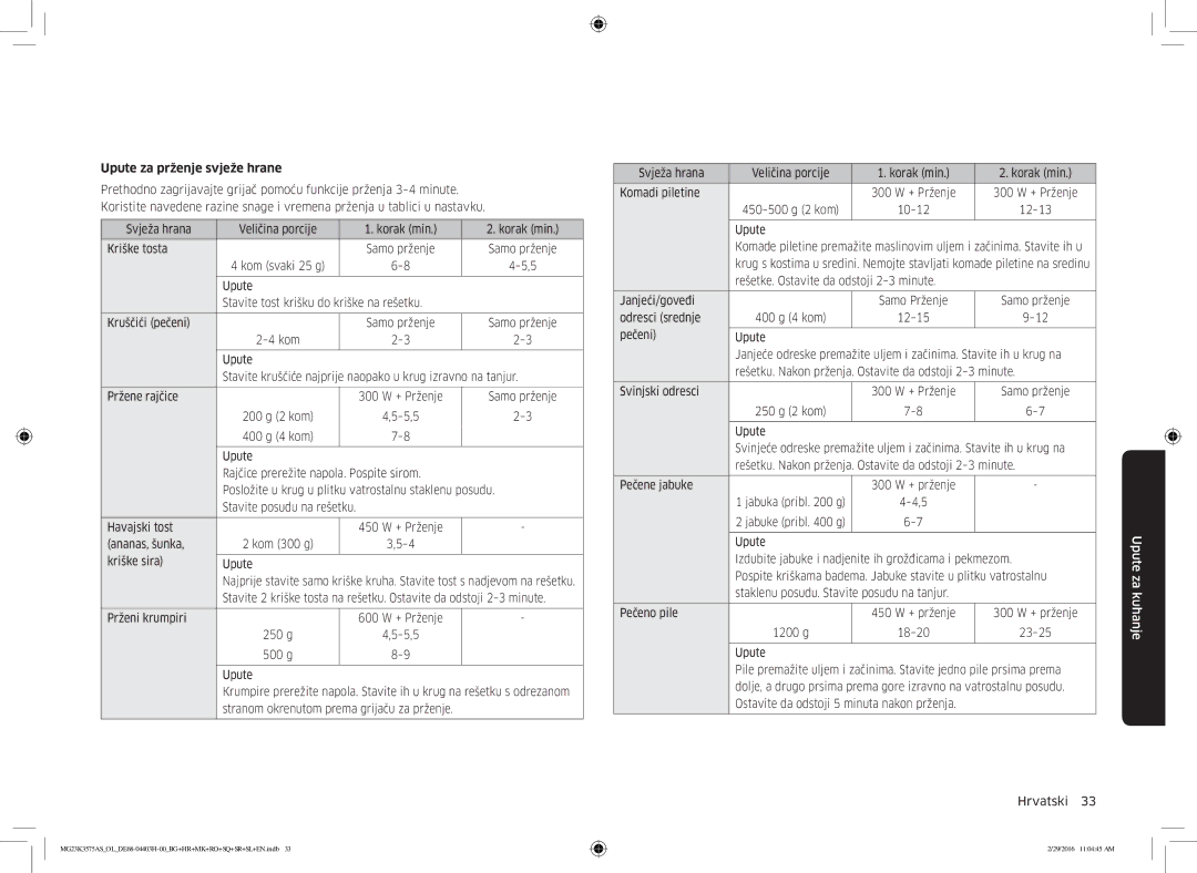 Samsung MG23K3575AS/OL, MG23K3575AS/EO manual Upute za prženje svježe hrane 