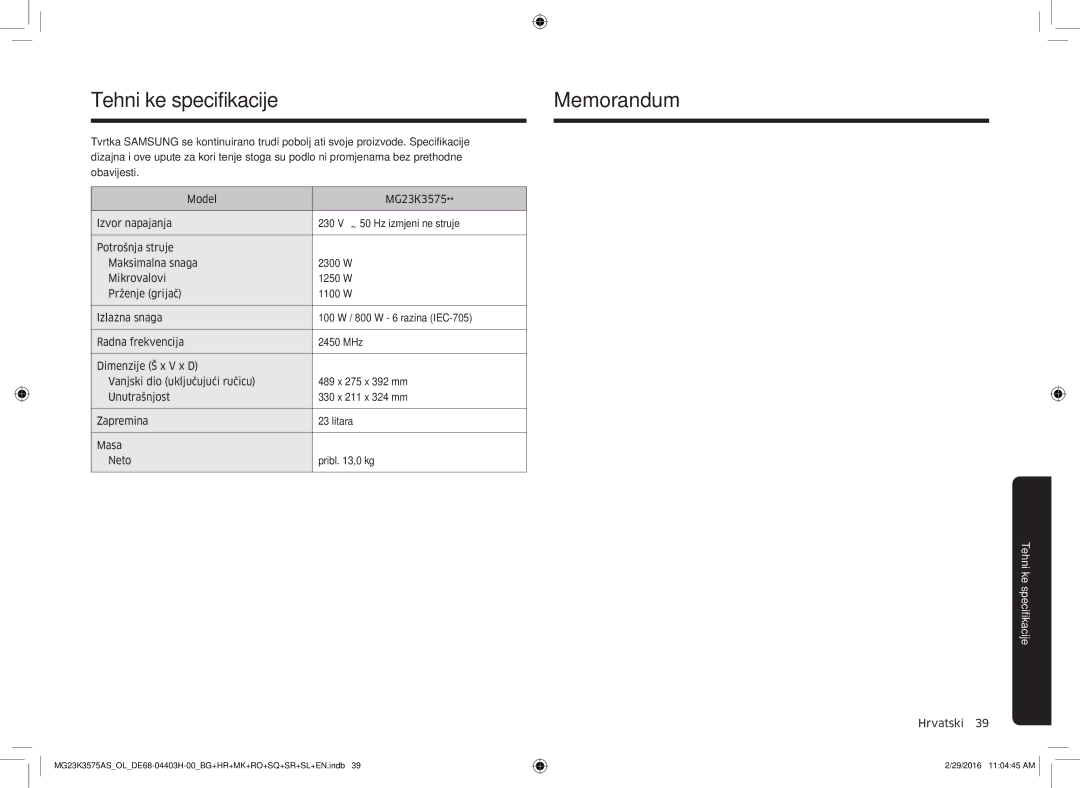 Samsung MG23K3575AS/OL, MG23K3575AS/EO manual Tehničke specifikacije Memorandum 