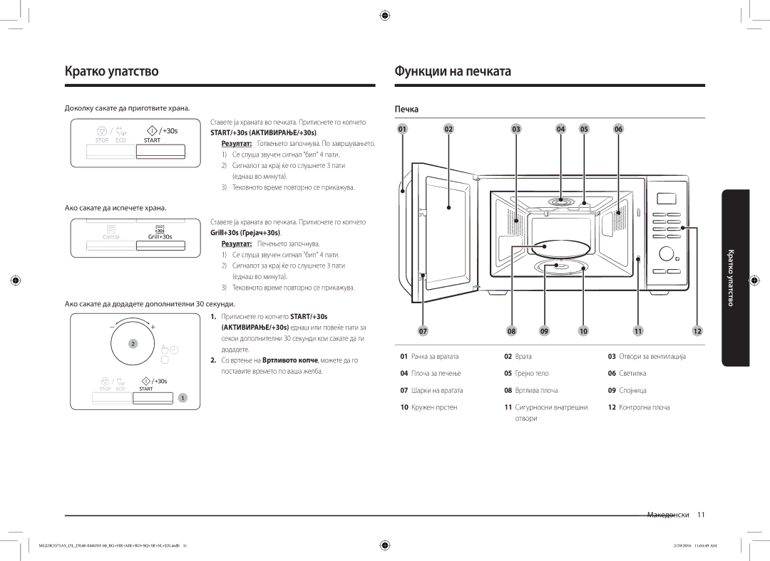 Samsung MG23K3575AS/OL, MG23K3575AS/EO manual Кратко упатство, Функции на печката, Печка 