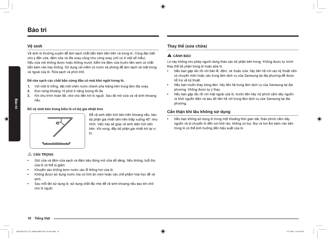 Samsung MG23K3575AS/SV manual Bảo trì, Vệ sinh, Thay thế sửa chữa, Cẩn thận khi lâu không sử dụng 