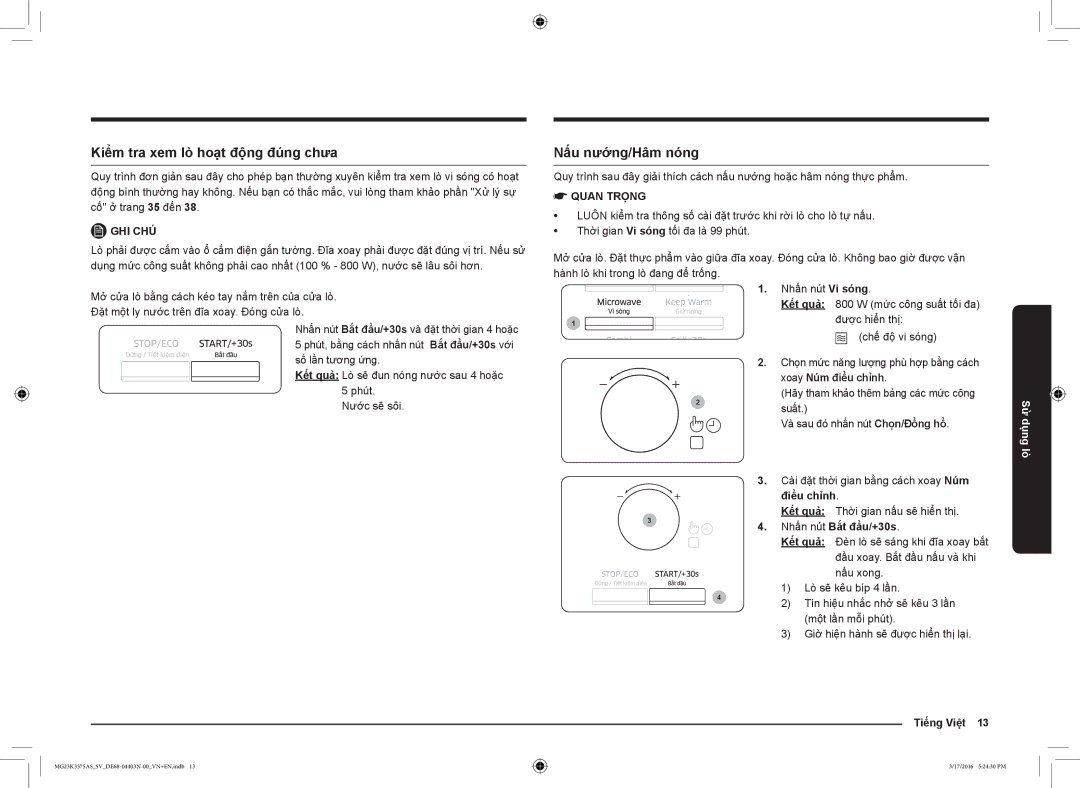 Samsung MG23K3575AS/SV manual Kiểm tra xem lò hoạt động đúng chưa, Nấu nướng/Hâm nóng 
