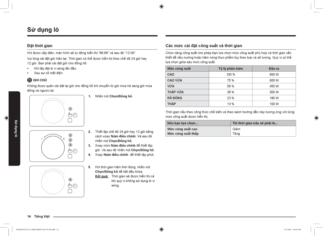 Samsung MG23K3575AS/SV manual Đặt thời gian, Các mức cài đặt công suất và thời gian 