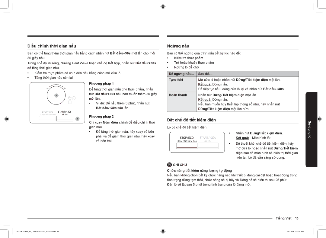 Samsung MG23K3575AS/SV manual Điều chỉnh thời gian nấu, Ngừng nấu, Đặt chế độ tiết kiệm điện 