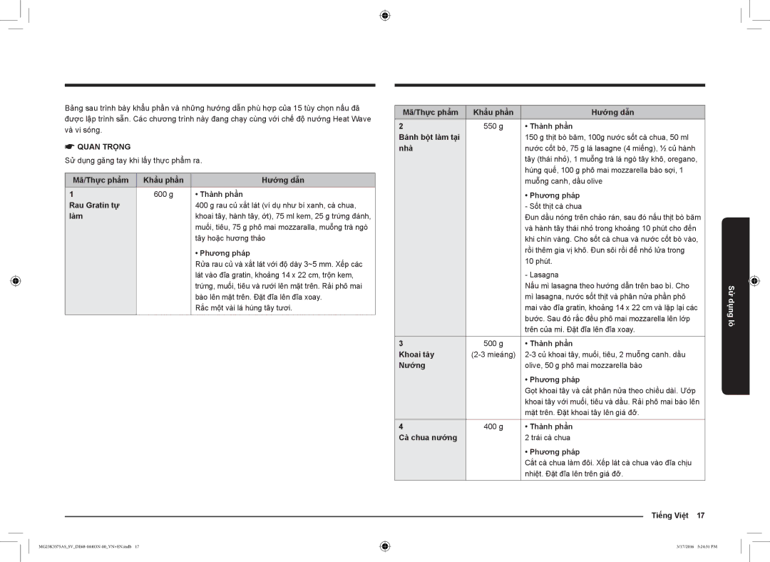 Samsung MG23K3575AS/SV Mã/Thực phẩm Khẩu phần Hướng dẫn, Thành phần, Muối, tiêu, 75 g phô mai mozzaralla, muỗng trà ngò 