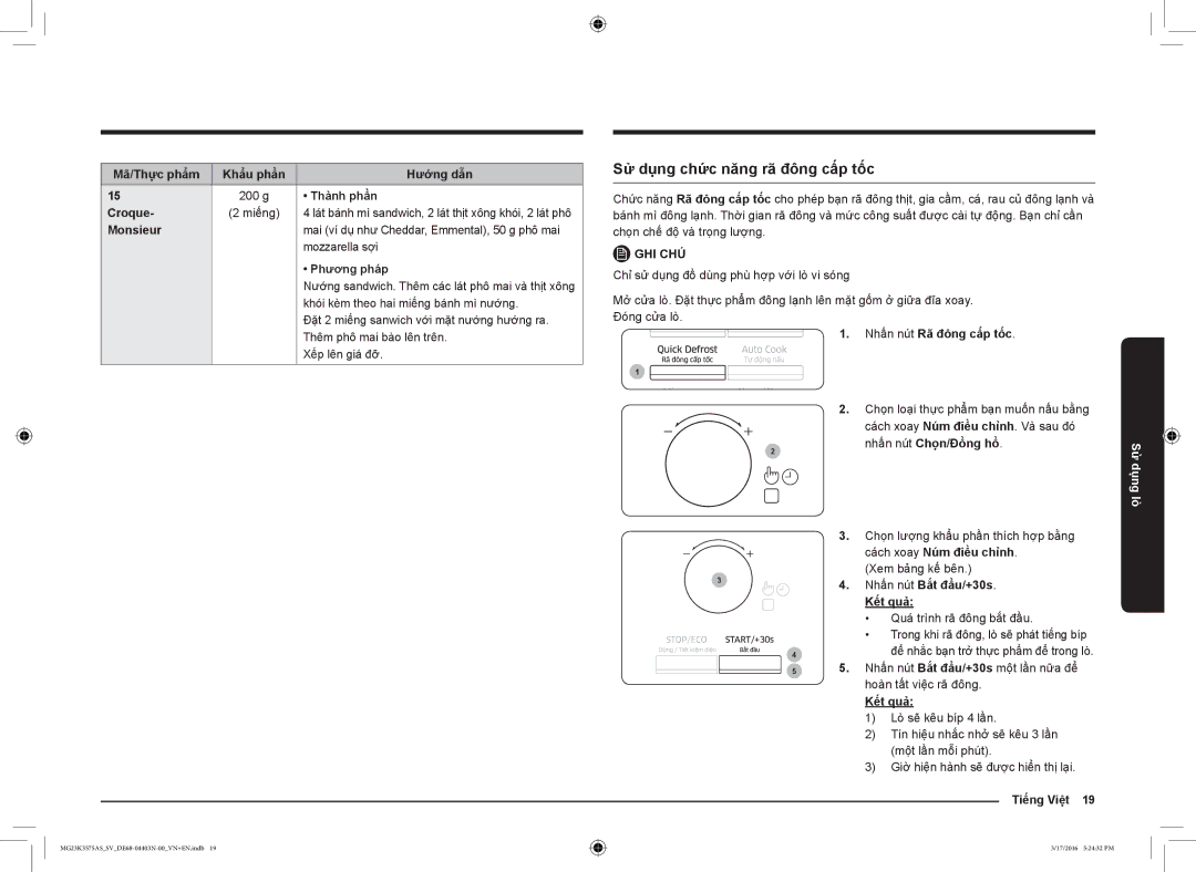 Samsung MG23K3575AS/SV manual Sử dụng chức năng rã đông cấp tốc 
