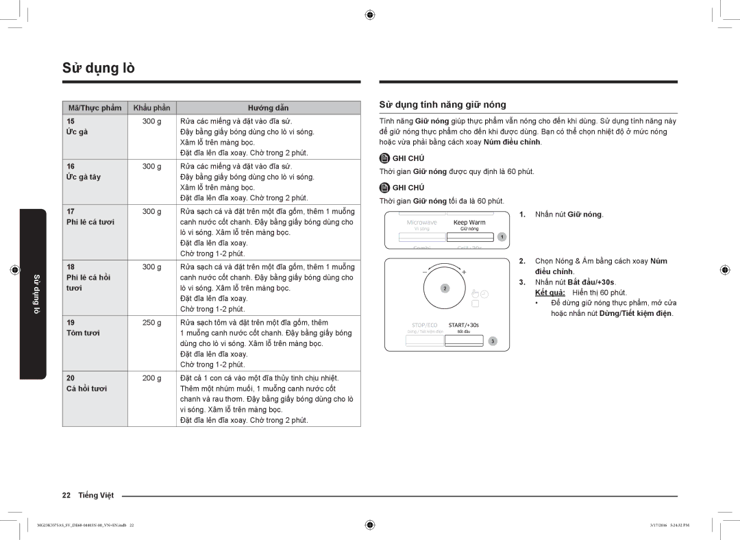 Samsung MG23K3575AS/SV manual Sử dụng tính năng giữ nóng 