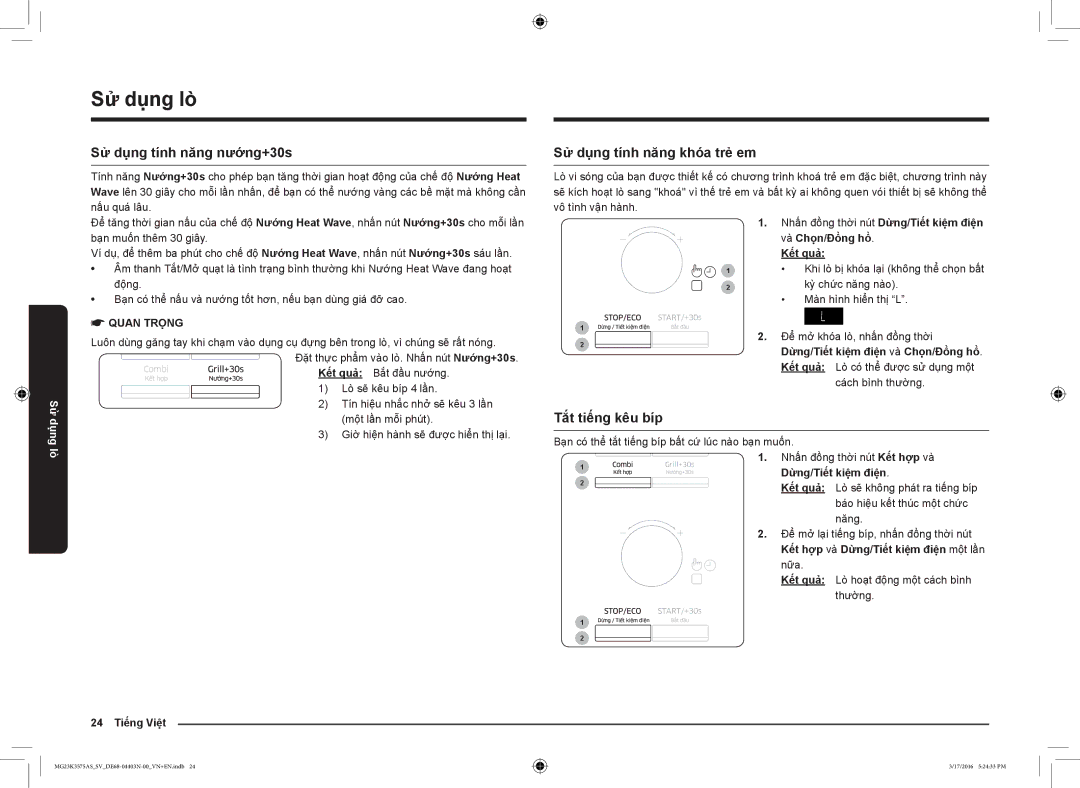 Samsung MG23K3575AS/SV manual Sử dụng tính năng nướng+30s, Sử dụng tính năng khóa trẻ em, Tắt tiếng kêu bíp, 24 Tiếng Việt 