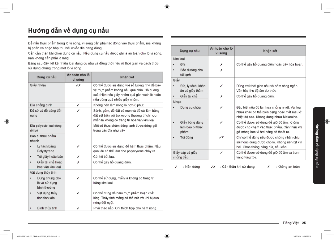 Samsung MG23K3575AS/SV manual Hướng dẫn về dụng cụ nấu, Dụng cụ nấu An toàn cho lò Nhận xét, Tiếng Việt 25 