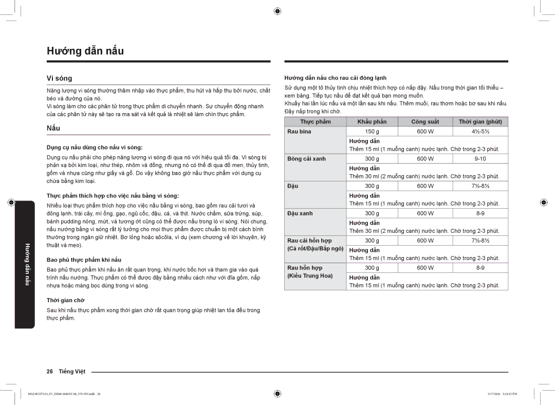 Samsung MG23K3575AS/SV manual Hướng dẫn nấu, Vi sóng, Nấu 