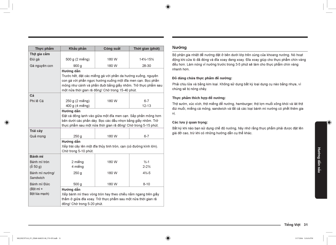 Samsung MG23K3575AS/SV manual Nướng 