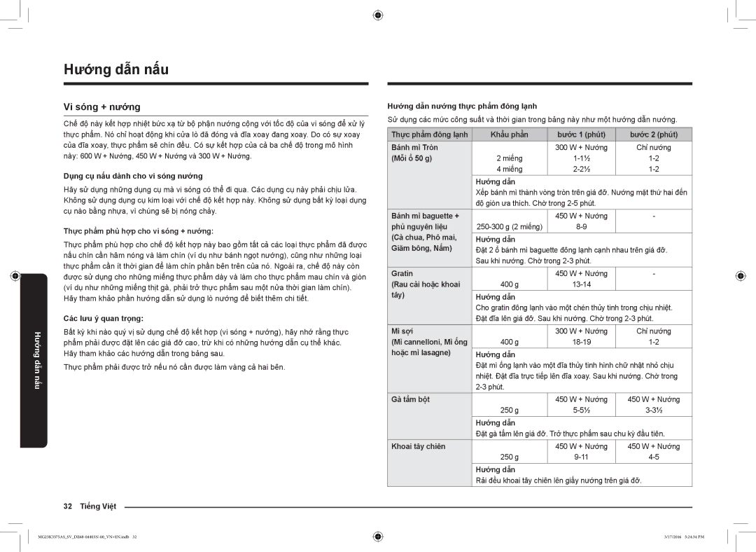 Samsung MG23K3575AS/SV manual Vi sóng + nướng 